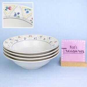 Epoch COTTAGE COURT E201 Multi Flowers Green Trim Stoneware Rim Soup Bowls Set 4